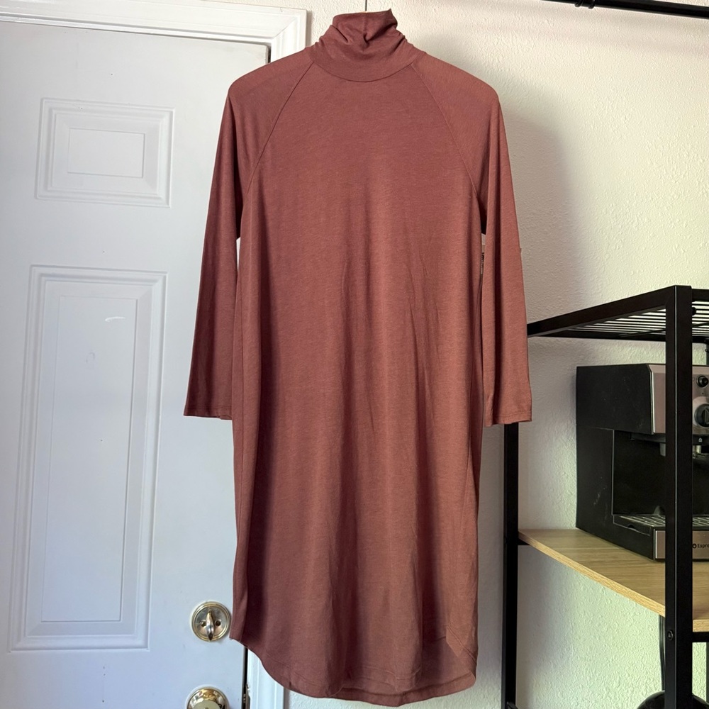RAQUEL ALLEGRA rustβ brown turtleneck stretch semi sheer long sleeve mini dress